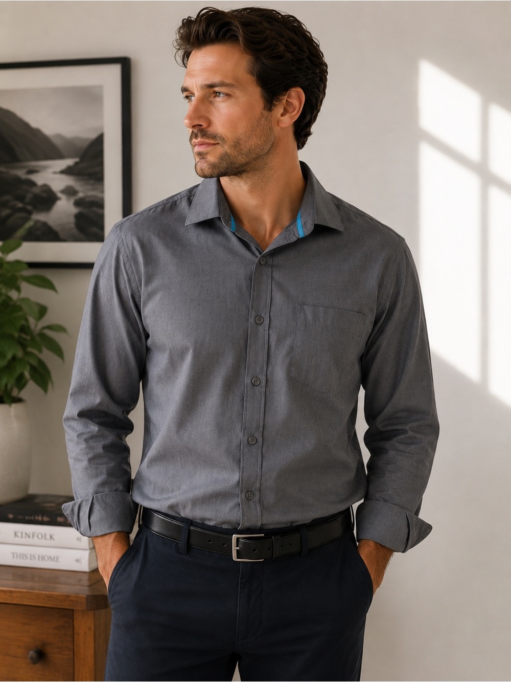 Forsyth Grey Cotton Dress Shirt Blue Trim Classic Fit XL